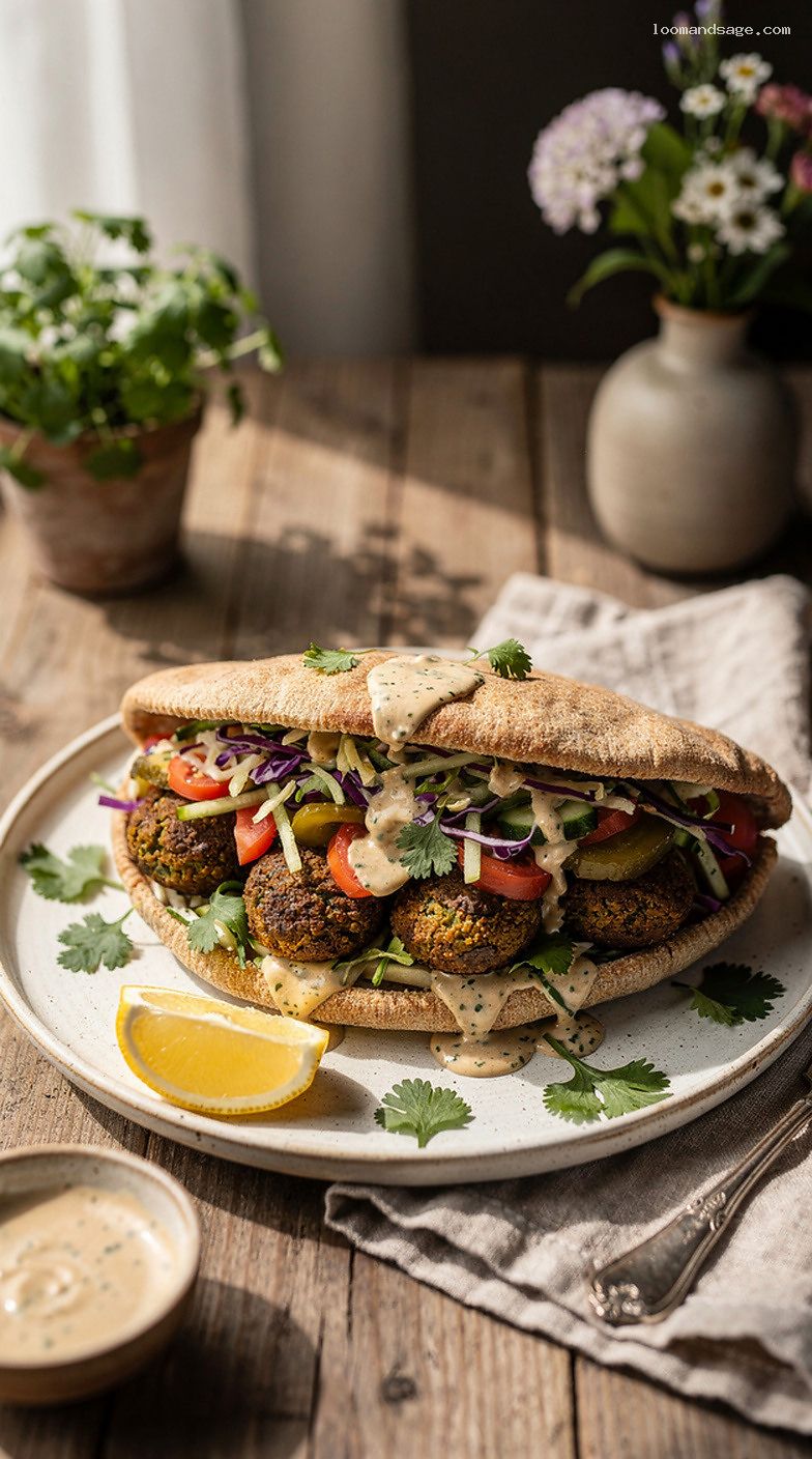Baked Falafel Pitas with Crunchy Slaw and Tahini Yogurt Sauce