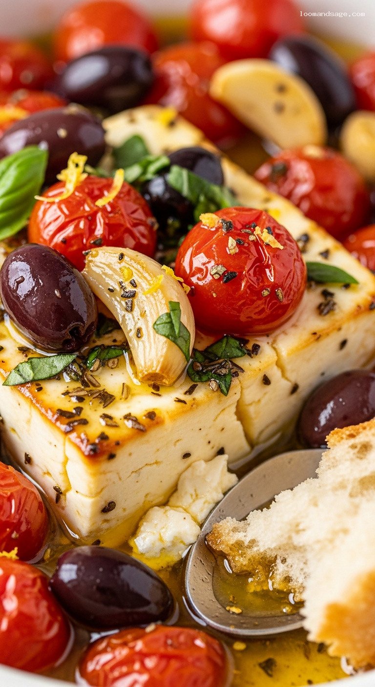 Baked Feta with Cherry Tomatoes and Kalamata Olives – Closeup