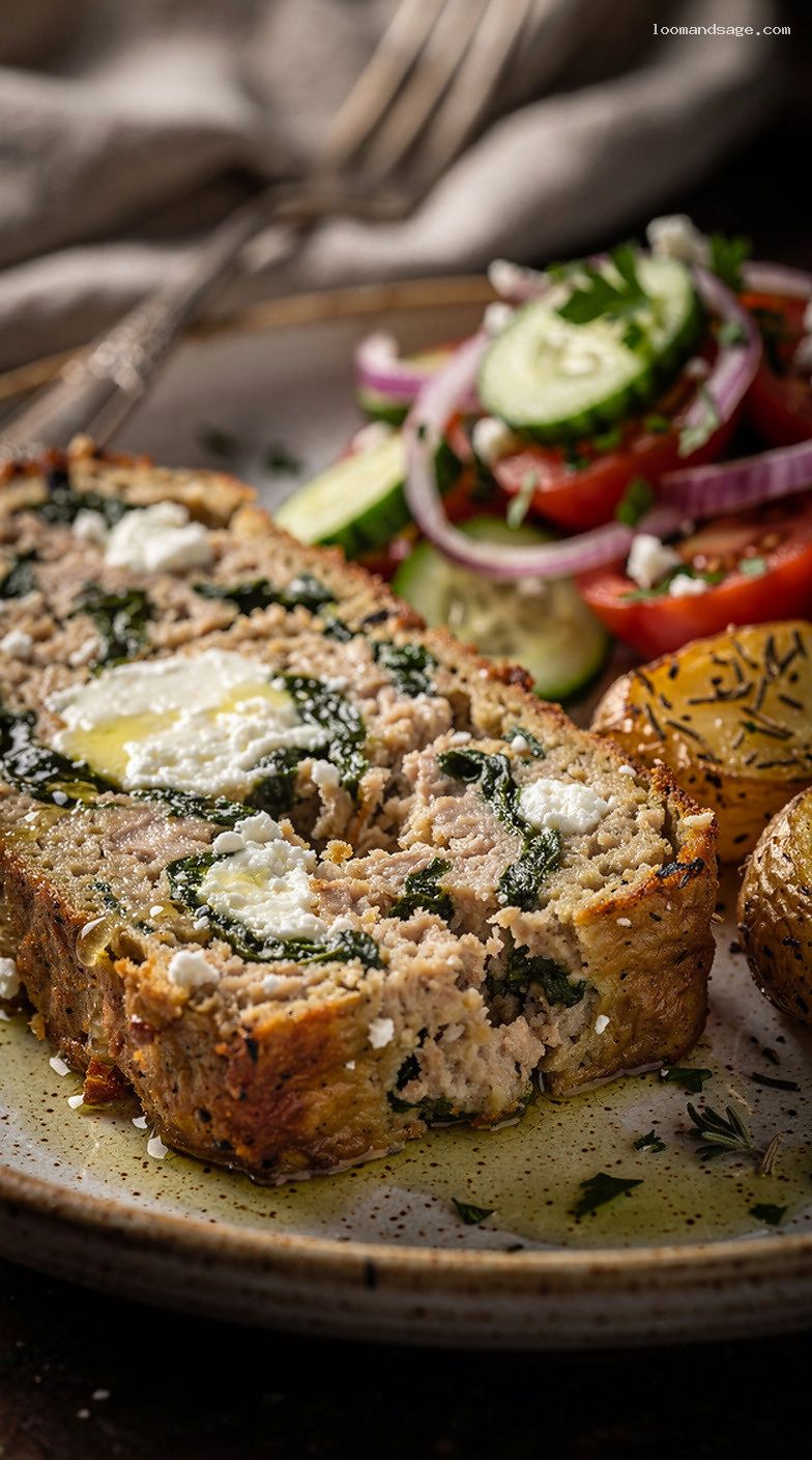 Baked Greek Chicken Meatloaf Slices with Feta and Spinach – Closeup