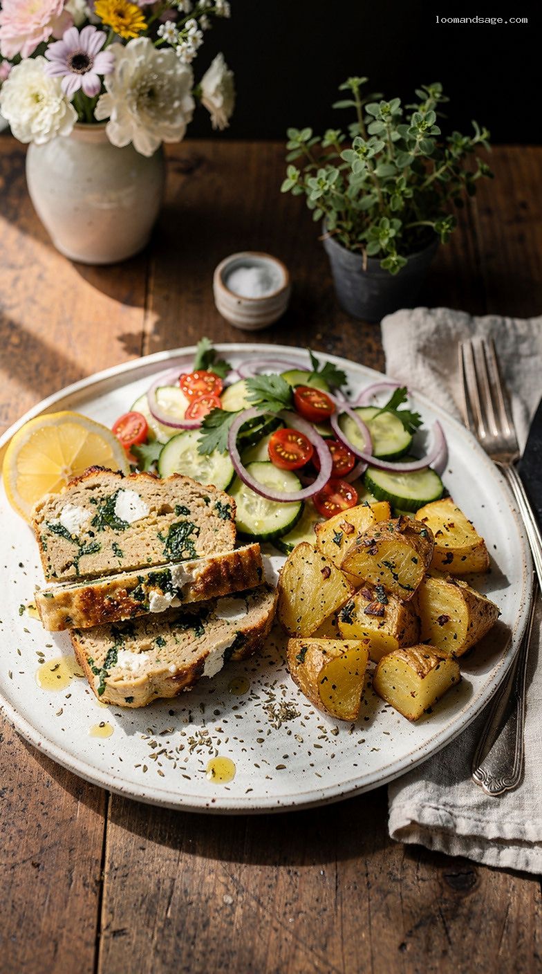 Baked Greek Chicken Meatloaf Slices with Feta and Spinach