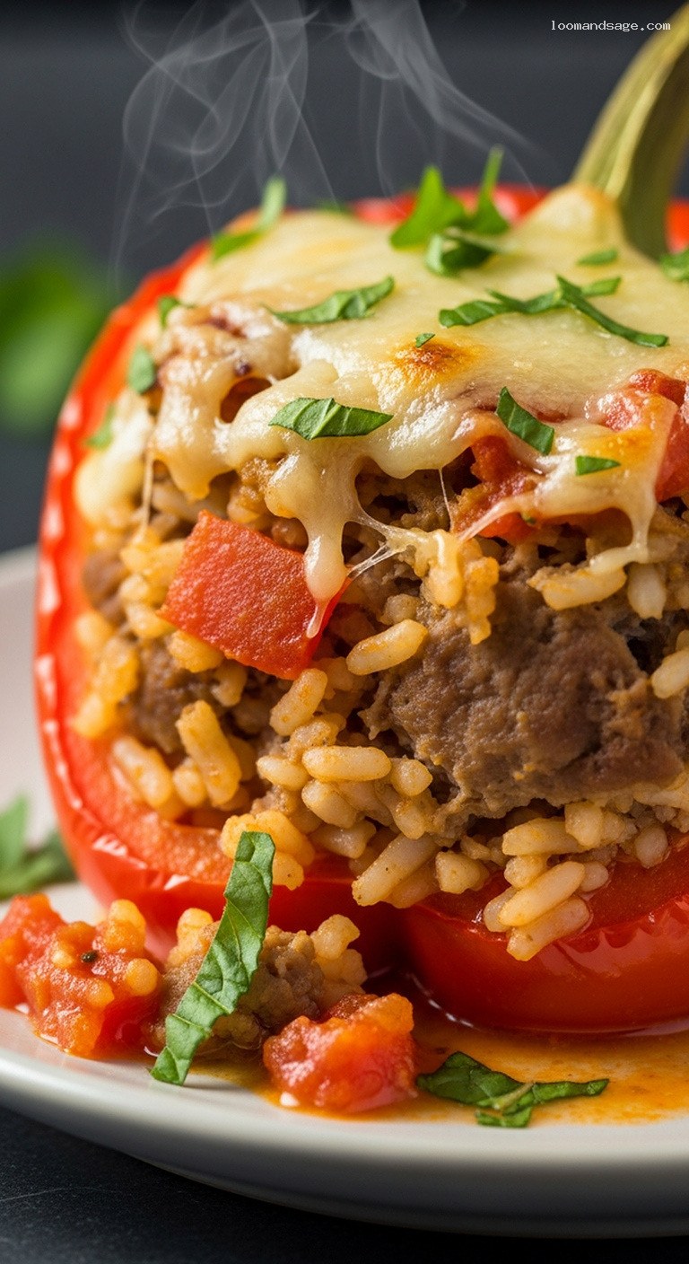 Baked Lamb-Stuffed Bell Peppers with Rice and Tomatoes – Closeup