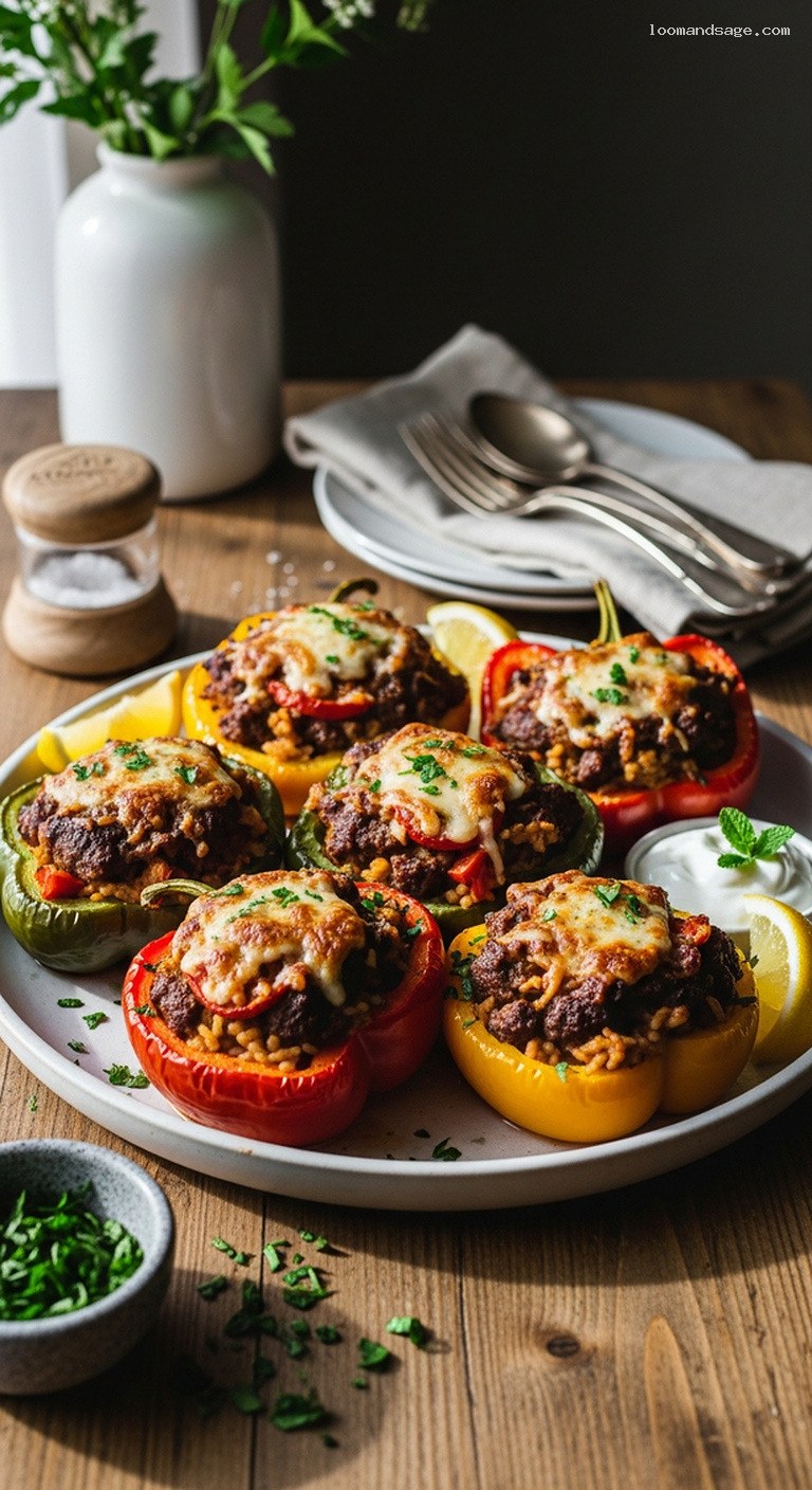 Baked Lamb-Stuffed Bell Peppers with Rice and Tomatoes