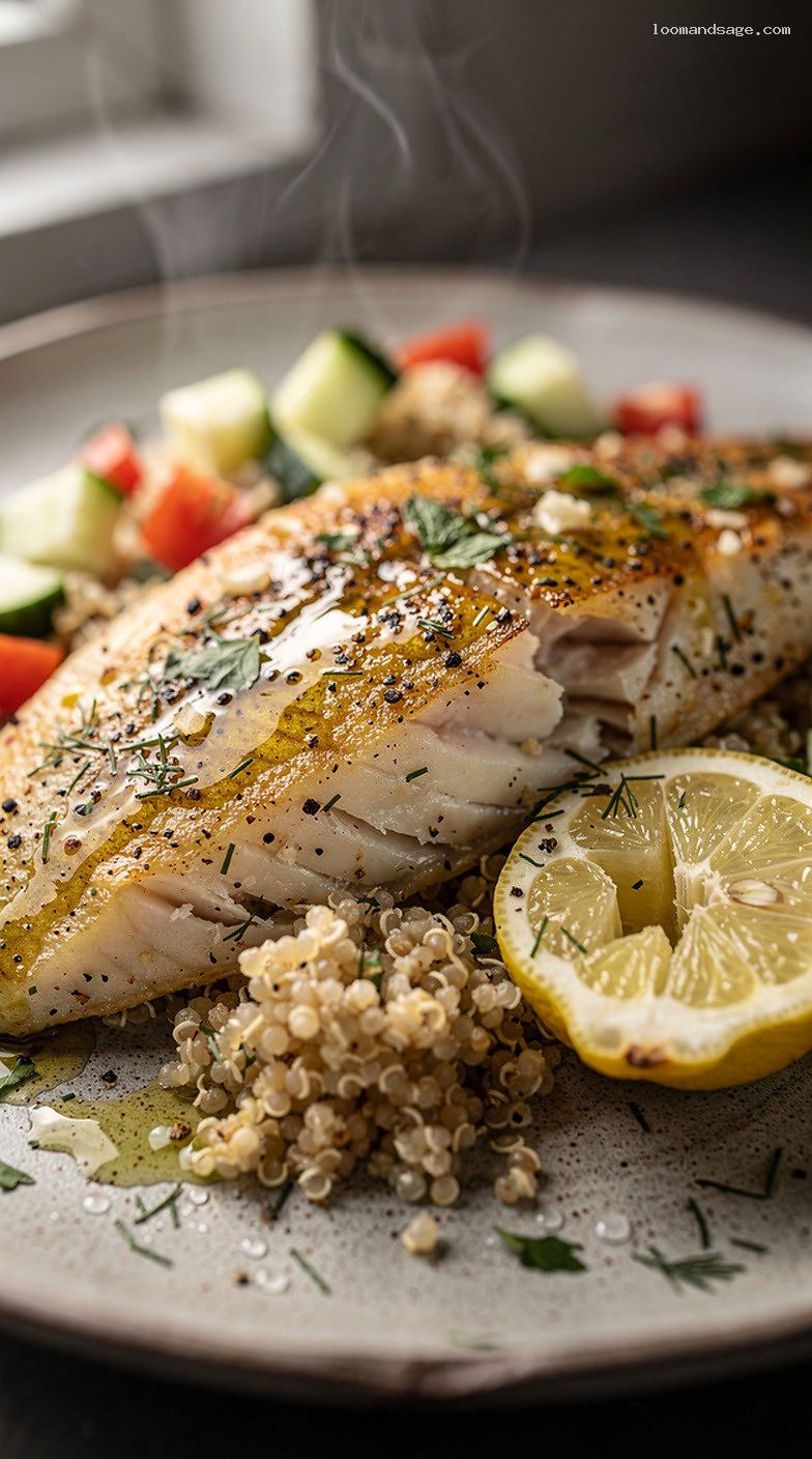 Baked Lemon Pepper Tilapia with Herb Quinoa Pilaf – Closeup
