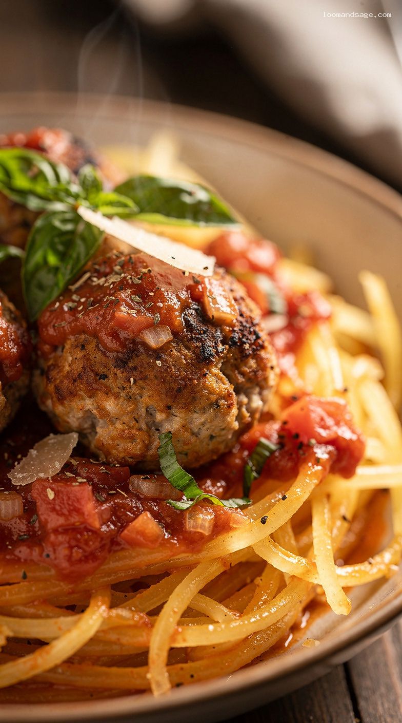 Baked Turkey Meatballs in Tomato Basil Sauce – Closeup
