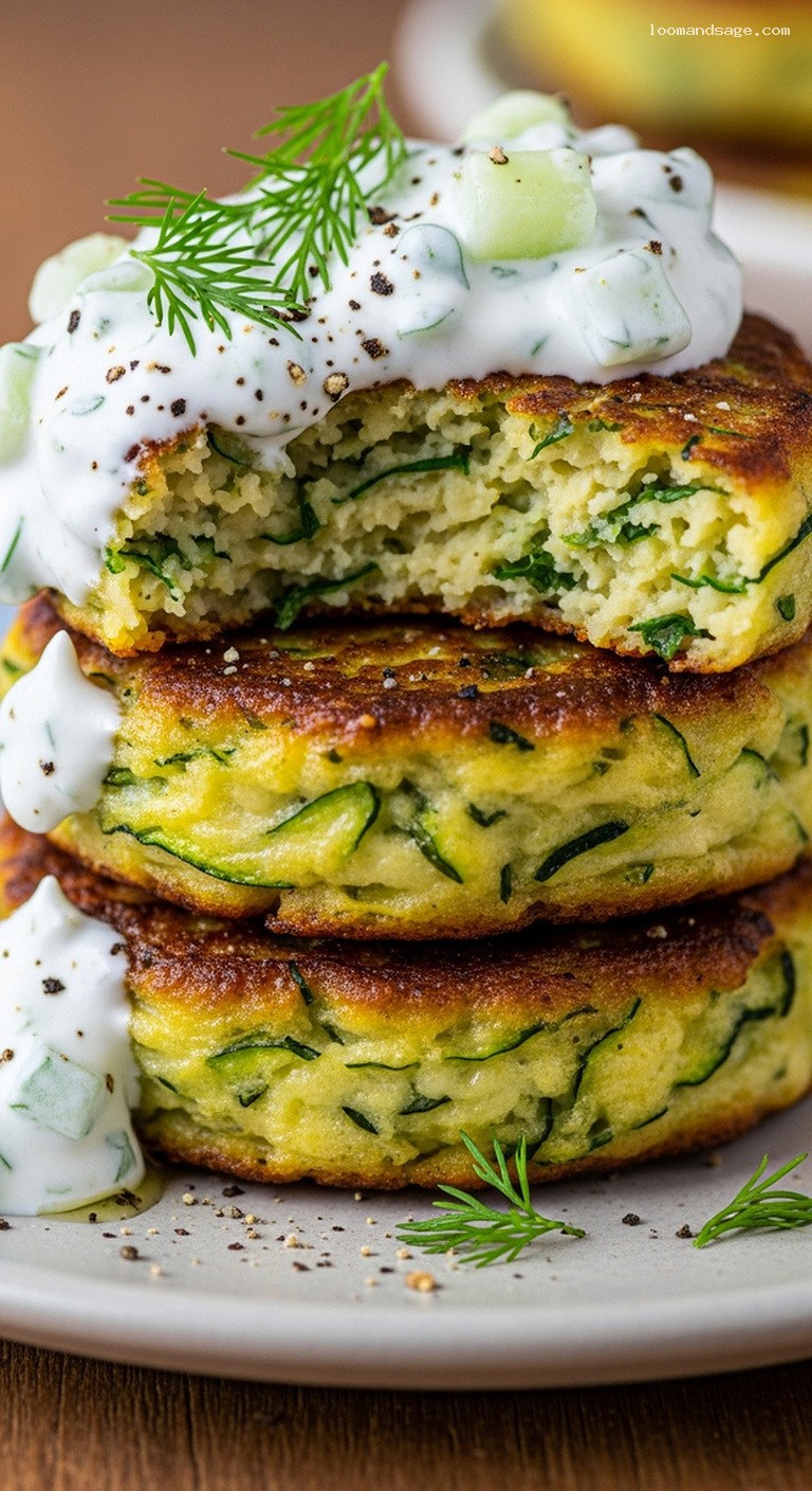 Baked Zucchini Fritters with Dill and Vegan Tzatziki – Closeup