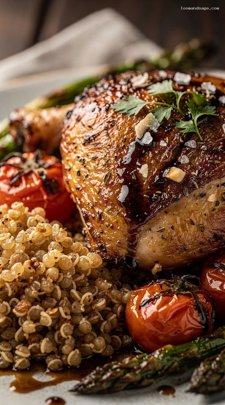 Balsamic Garlic Herb Chicken with Roasted Tomatoes and Asparagus – Closeup