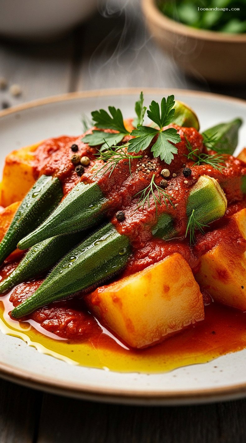 Bamies Laderes Greek Okra Stew in Tomato and Olive Oil – Closeup