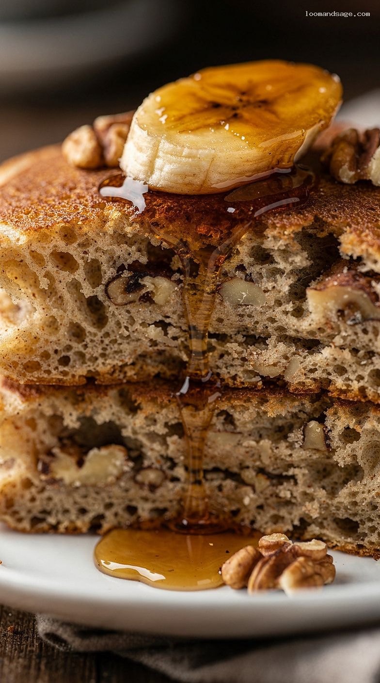 Banana Walnut Banana Bread Pancakes With Maple Syrup – Closeup