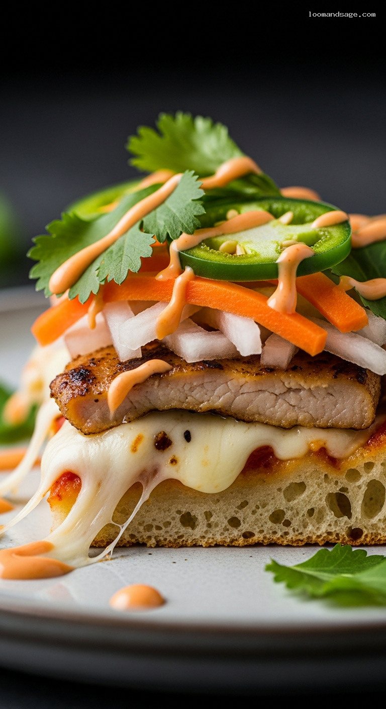 Banh Mi Pizza with Pickled Veggies and Sriracha Mayo – Closeup