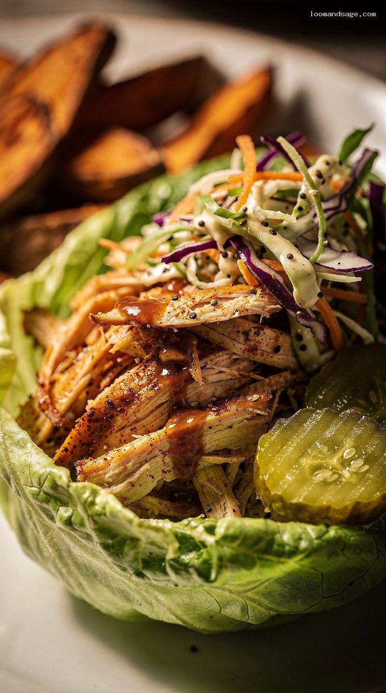 BBQ Pulled Chicken Lettuce Bowls With Crunchy Slaw – Closeup