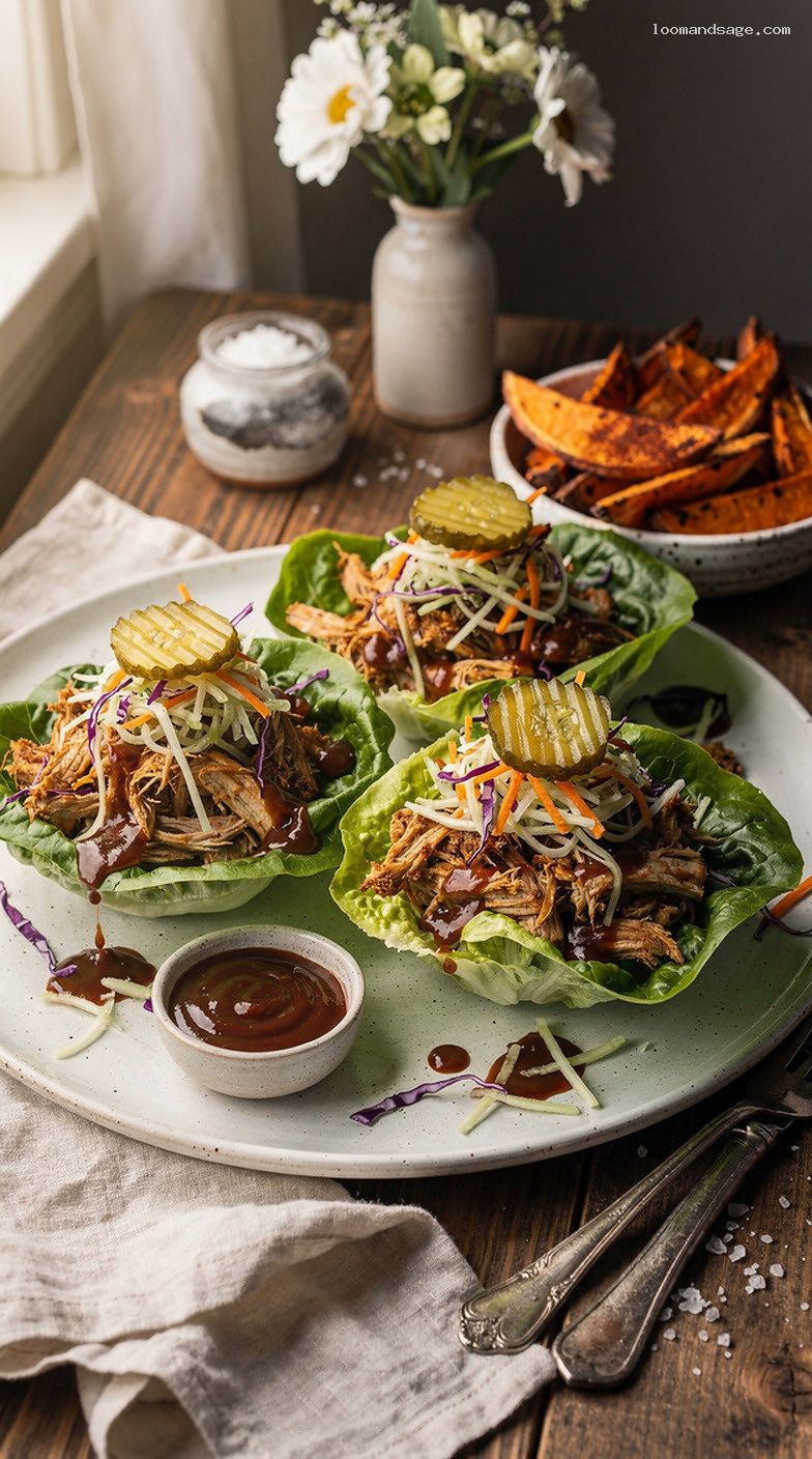 BBQ Pulled Chicken Lettuce Bowls With Crunchy Slaw