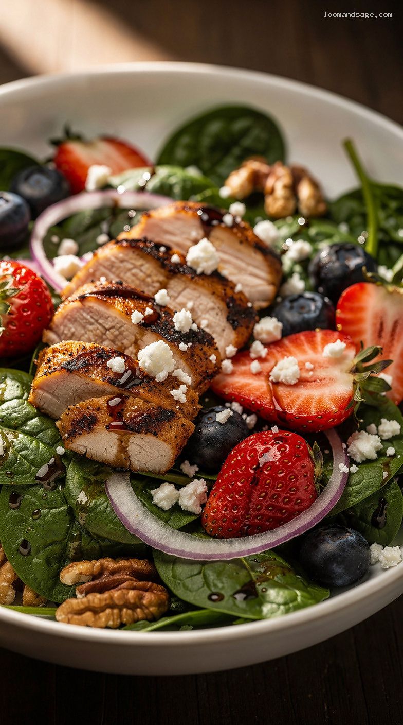 Berry Spinach Chicken Salad With Walnuts and Balsamic Vinaigrette – Closeup