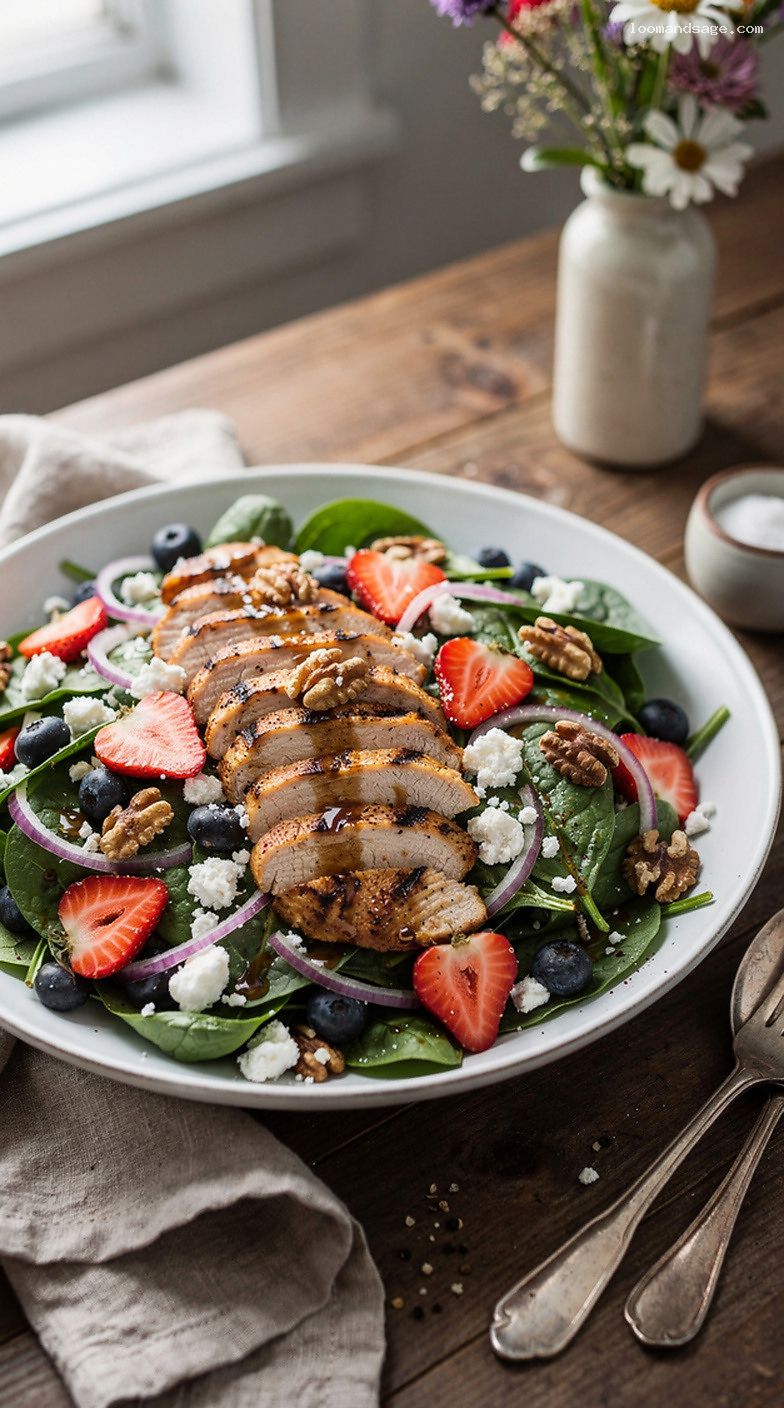 Berry Spinach Chicken Salad With Walnuts and Balsamic Vinaigrette