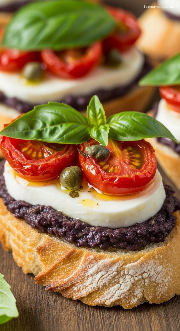 Black Olive Tapenade with Roasted Tomatoes, Capers, and Basil – Closeup