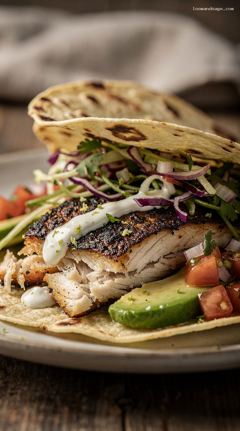 Blackened Fish Tacos With Lime Cabbage Slaw and Yogurt Drizzle – Closeup