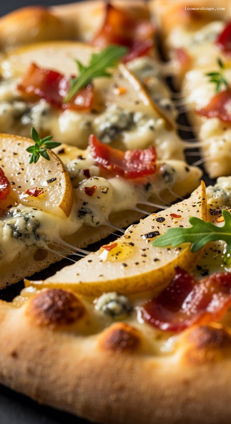 Blue Cheese, Bacon and Pear Pizza – Closeup