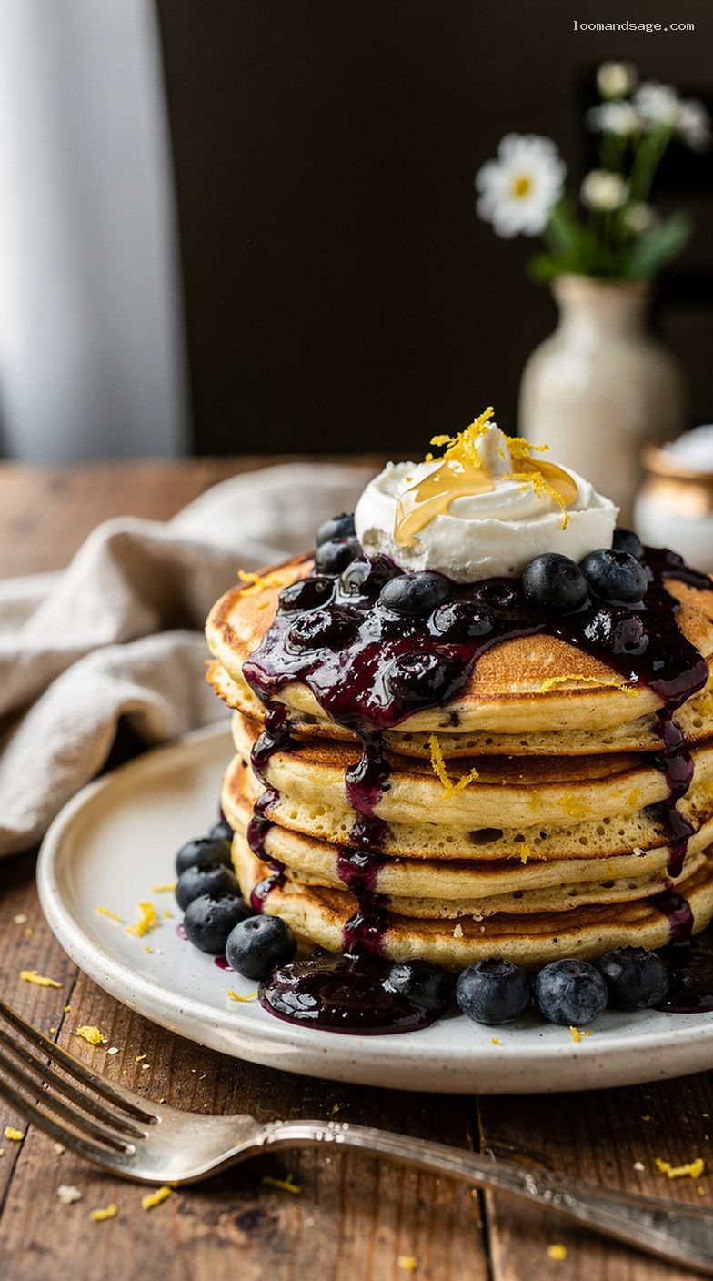 Blueberry Lemon Pancakes With Quick Blueberry Compote and Yogurt