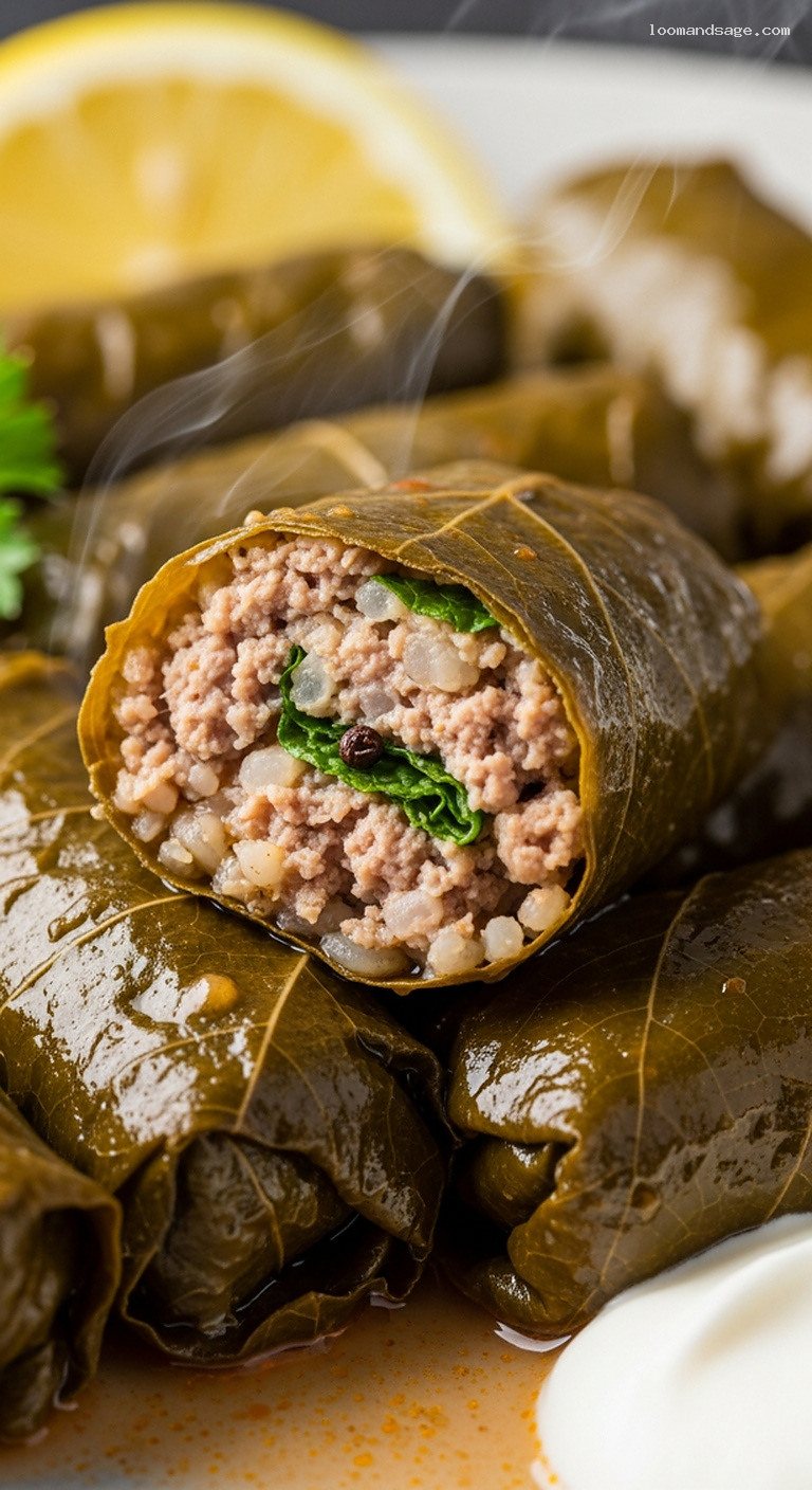 Braised Grape Leaf Dolma With Lamb, Rice, and Herbs – Closeup