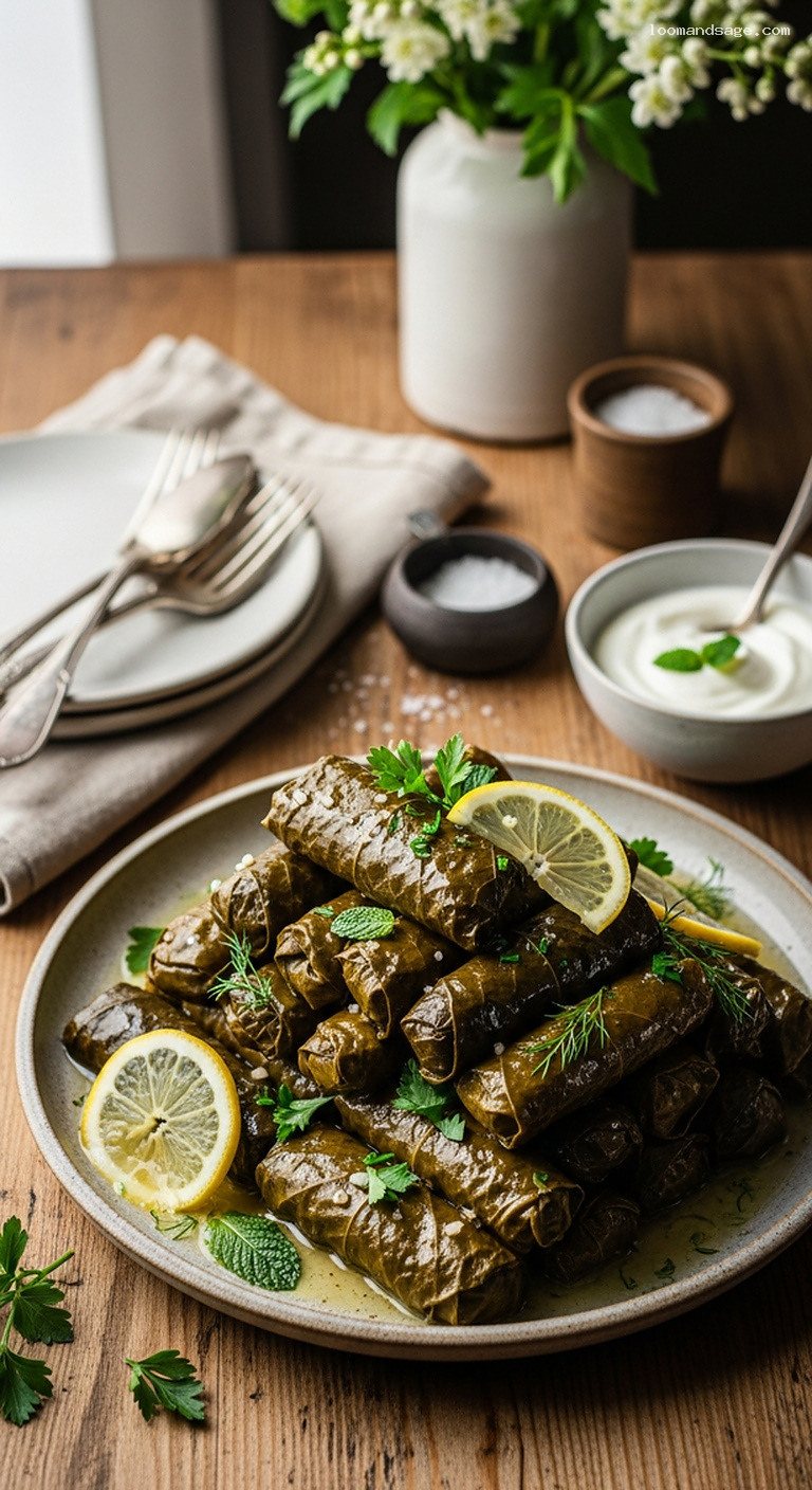 Braised Grape Leaf Dolma With Lamb, Rice, and Herbs