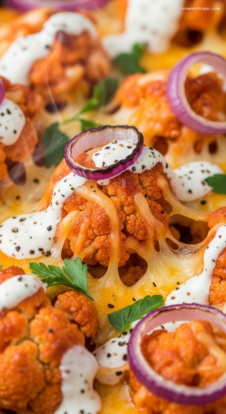Buffalo Cauliflower Pizza with Mozzarella and Ranch Drizzle – Closeup