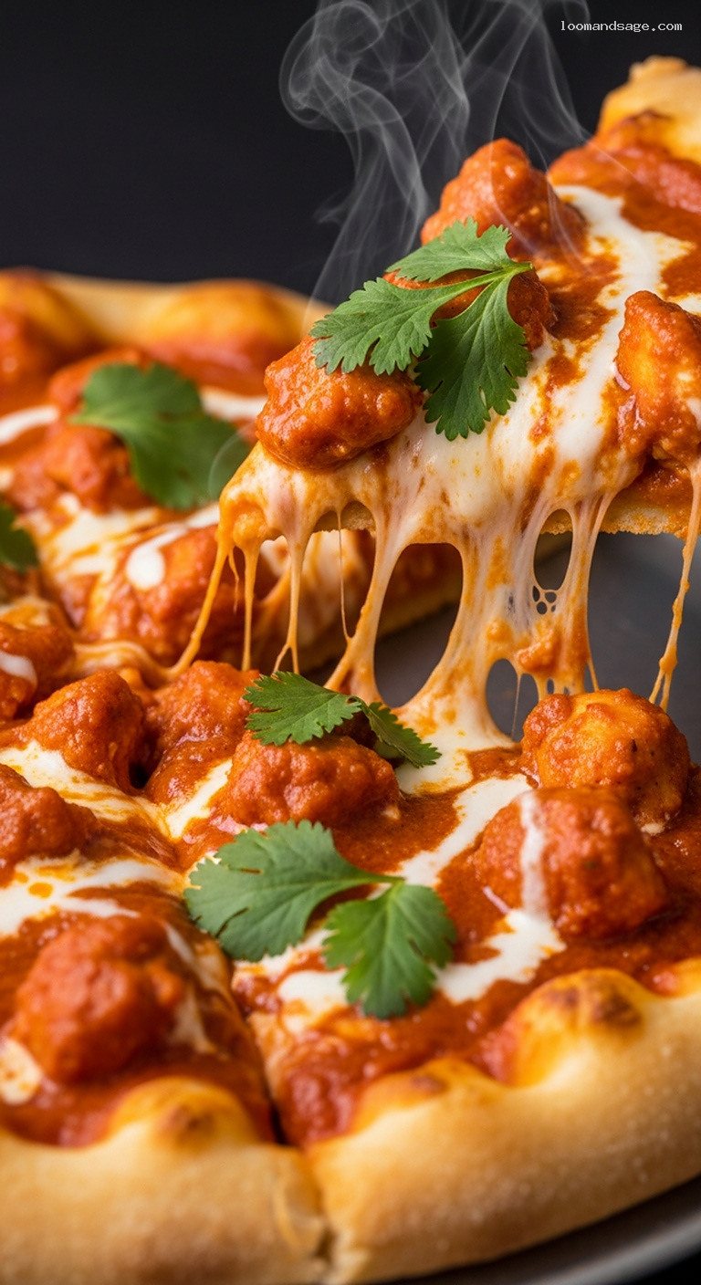 Butter Chicken Pizza with Creamy Tomato Butter Sauce – Closeup