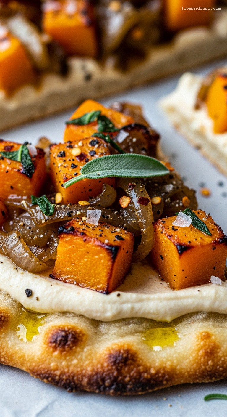 Butternut Squash and Caramelized Onion Flatbread with Cashew Cream and Sage – Closeup