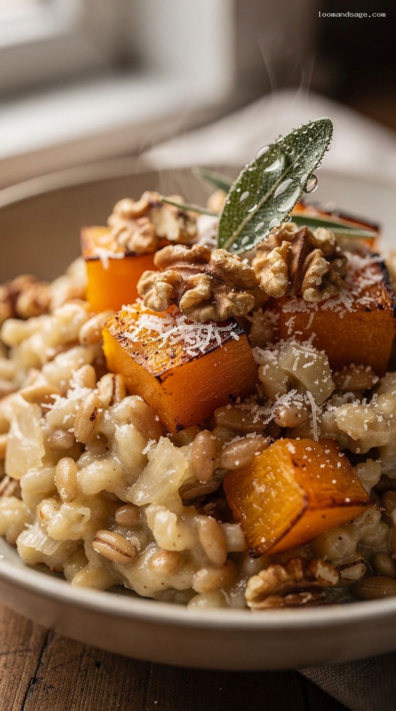 Butternut Squash and Sage Risotto-Style Farro with Walnuts – Closeup