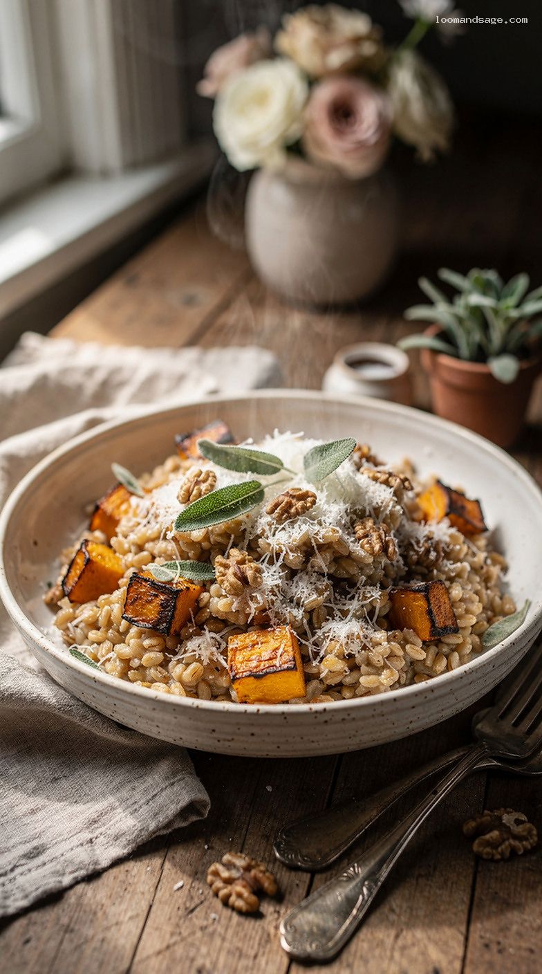 Butternut Squash and Sage Risotto-Style Farro with Walnuts