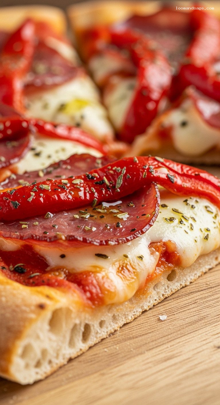 Capocollo and Roasted Pepper Pizza with Mozzarella – Closeup
