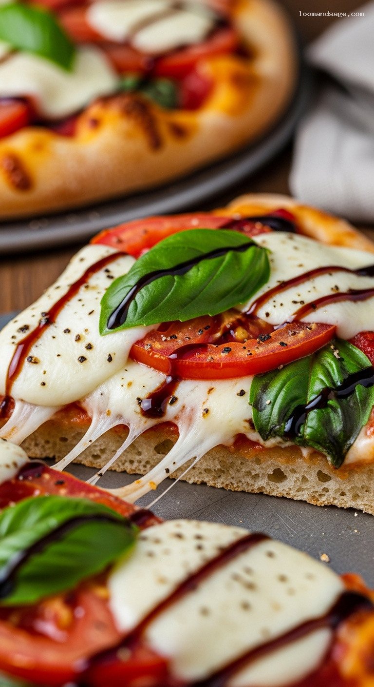 Caprese Pizza with Fresh Mozzarella and Balsamic Glaze – Closeup