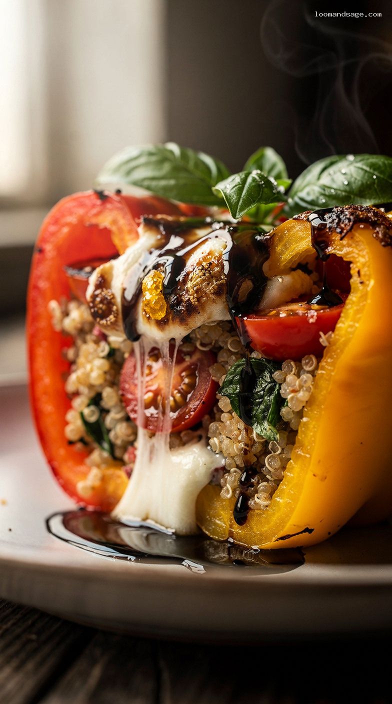 Caprese Quinoa Stuffed Peppers with Balsamic Drizzle – Closeup