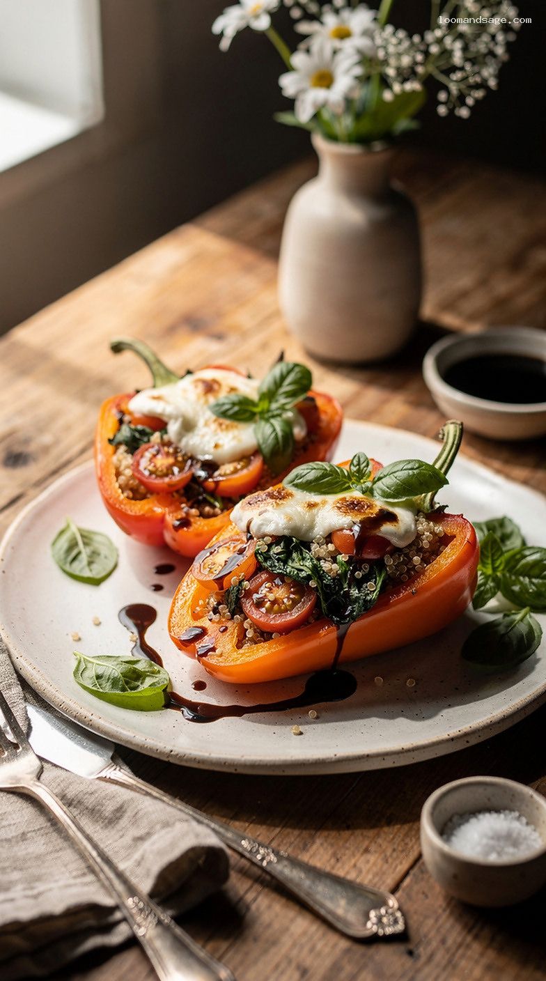 Caprese Quinoa Stuffed Peppers with Balsamic Drizzle
