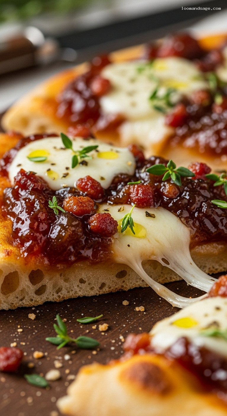 Caramelized Onion and Bacon Jam Pizza with Thyme – Closeup