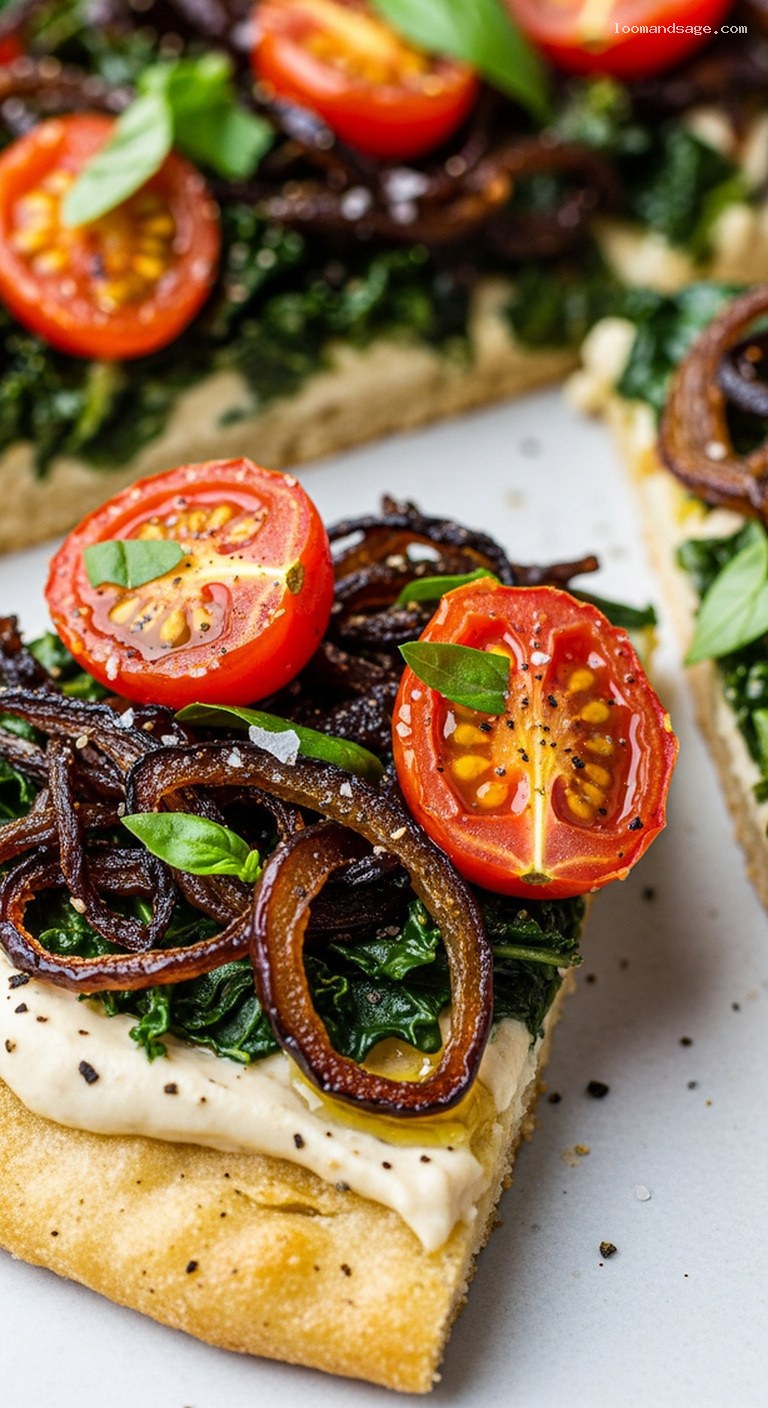 Caramelized Onion and Kale Flatbread with Garlic Cashew Cream – Closeup