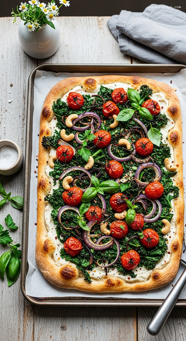 Caramelized Onion and Kale Flatbread with Garlic Cashew Cream