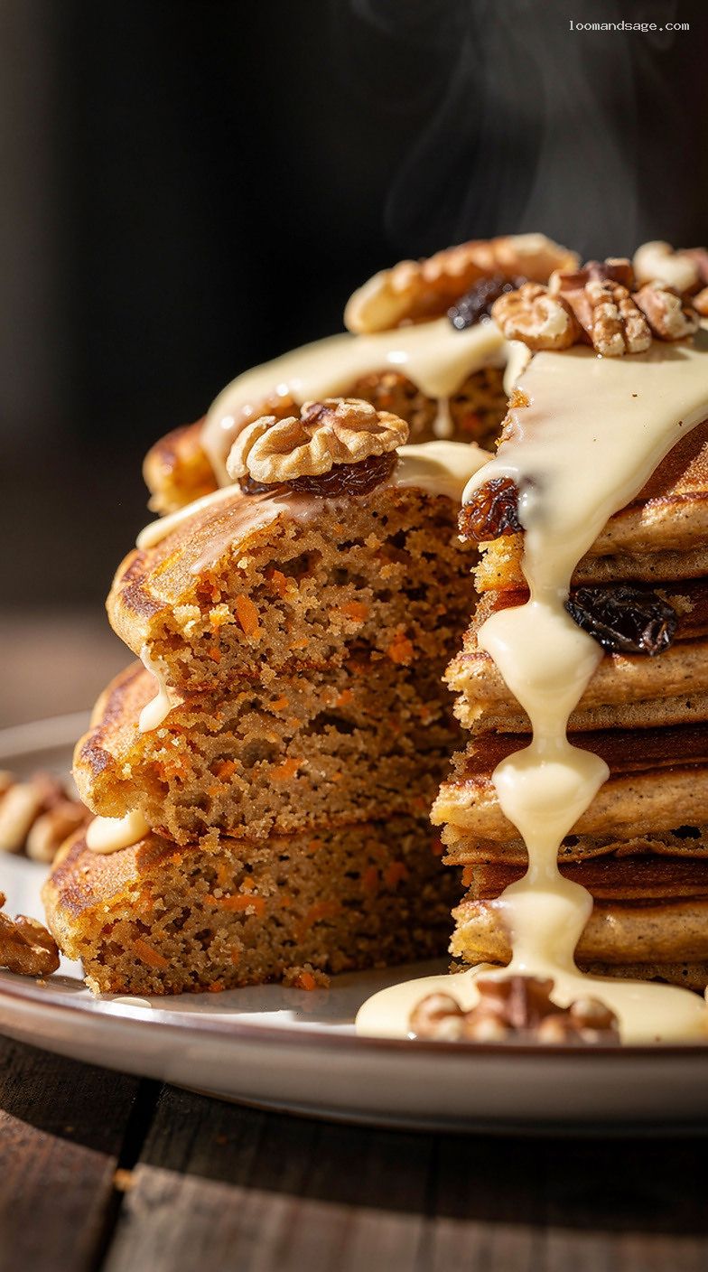 Carrot Cake Pancakes With Cream Cheese Drizzle and Walnuts – Closeup