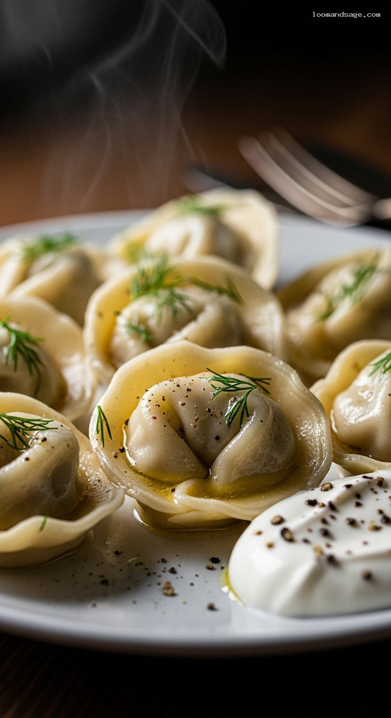 Central Asian Lamb Pelmeni With Sour Cream and Herbed Butter – Closeup
