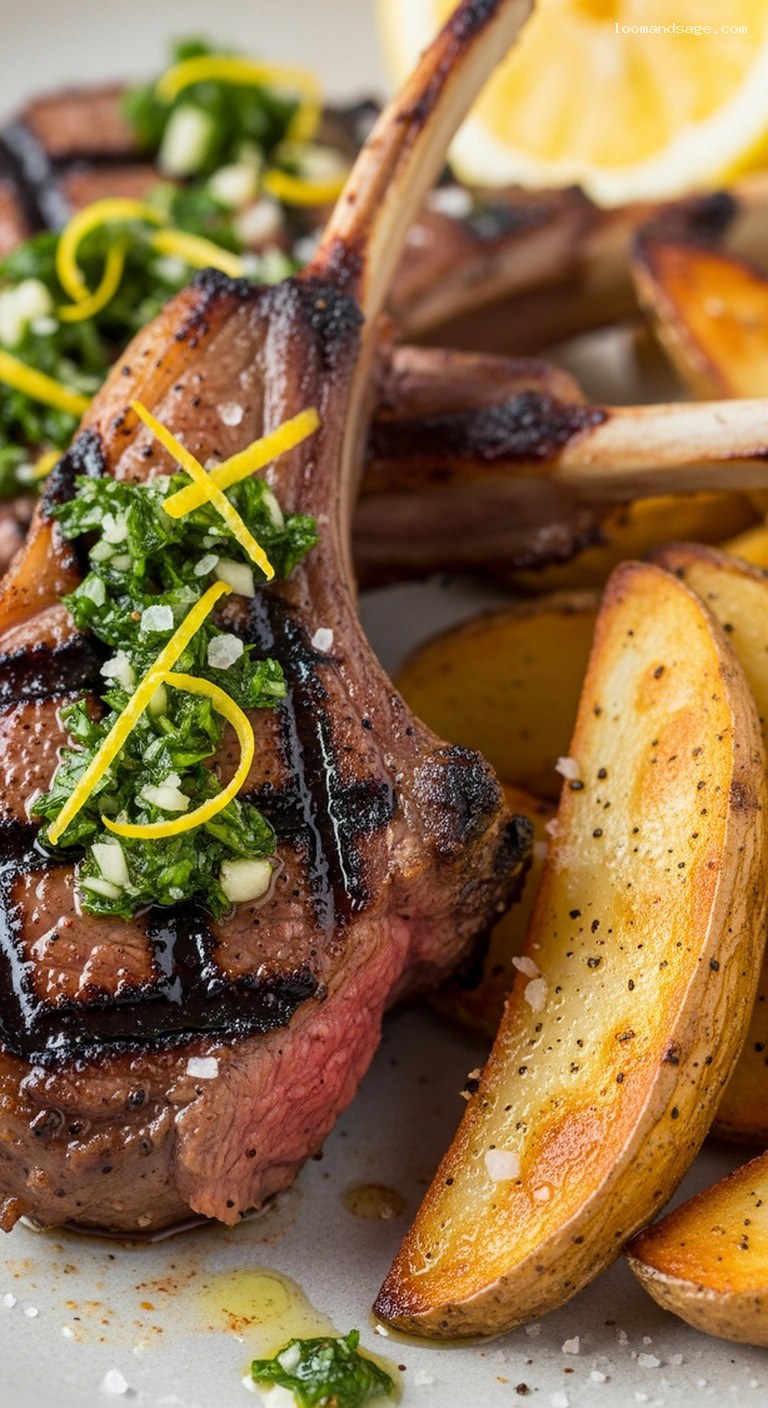 Chargrilled Lemon-Oregano Lamb Chops With Mint Gremolata – Closeup