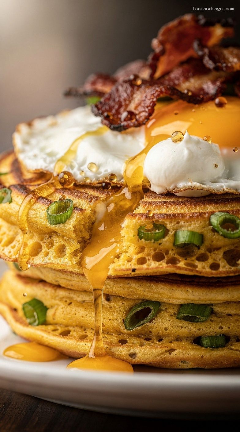Cheddar Chive Savory Pancakes with Fried Egg and Hot Honey – Closeup