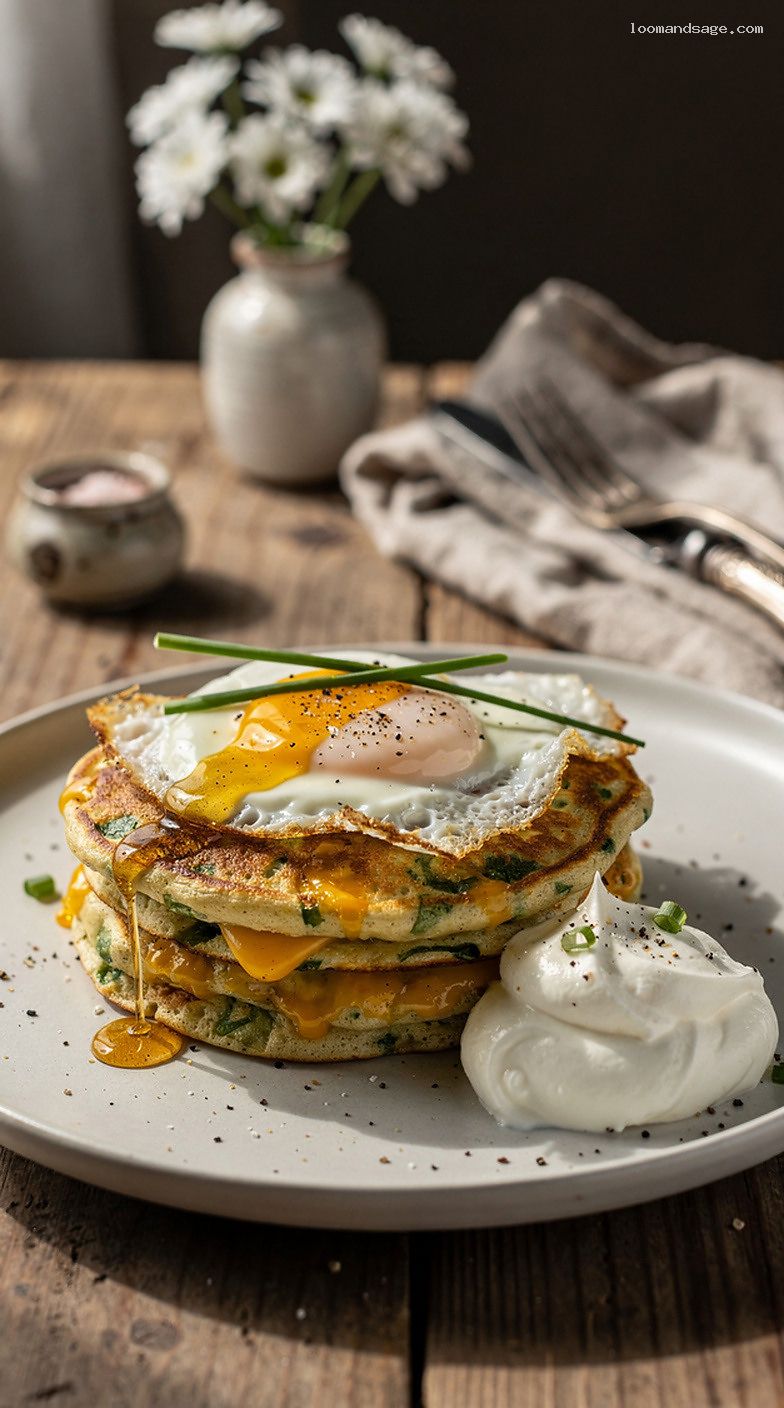 Cheddar Chive Savory Pancakes with Fried Egg and Hot Honey