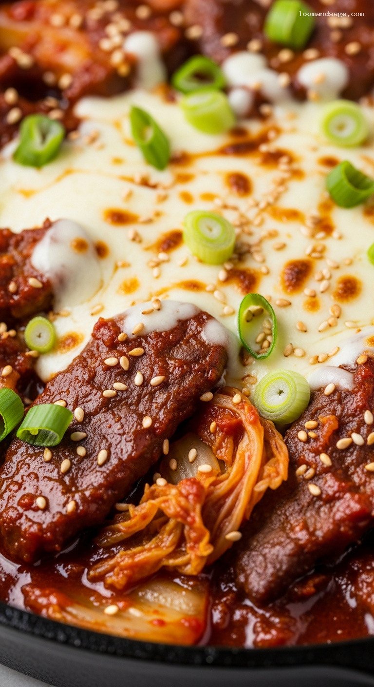 Cheesy Kimchi Bulgogi Beef with Gochujang Sauce – Closeup
