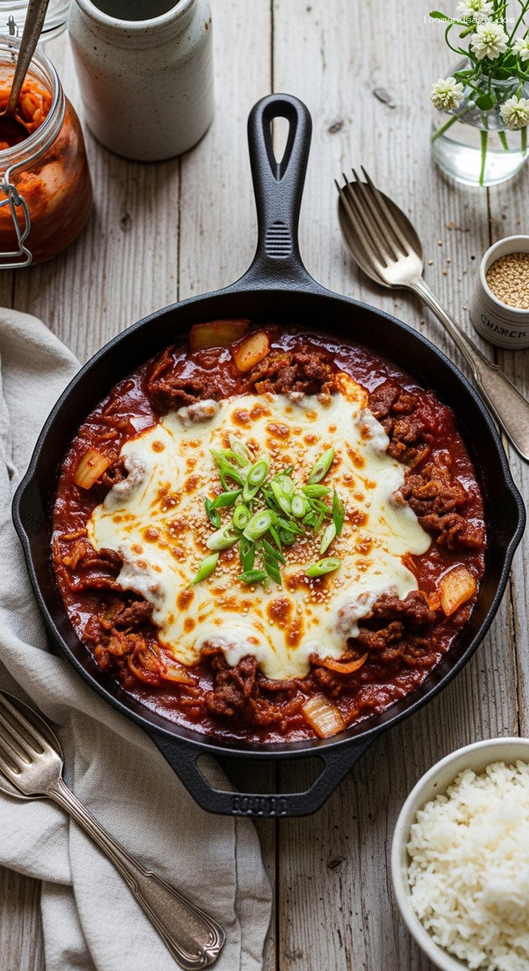 Cheesy Kimchi Bulgogi Beef with Gochujang Sauce