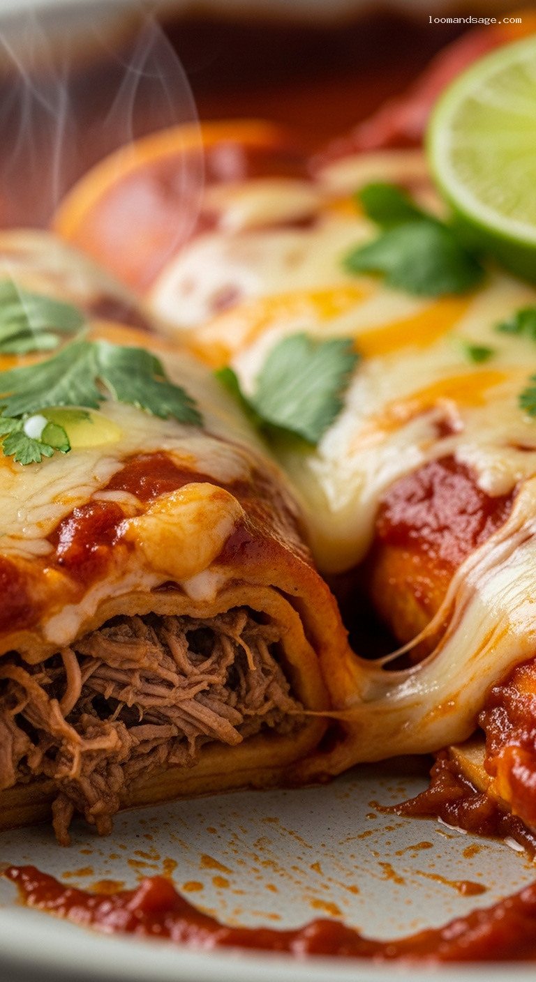 Cheesy Red Chile Lamb Enchiladas Baked with Spiced Shredded Lamb – Closeup