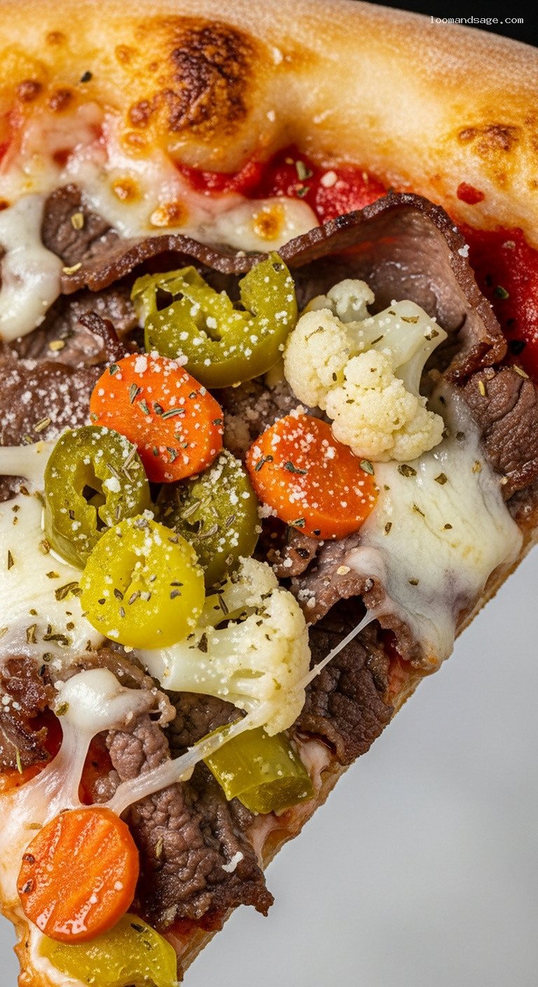 Chicago-Style Italian Beef and Giardiniera Pizza – Closeup