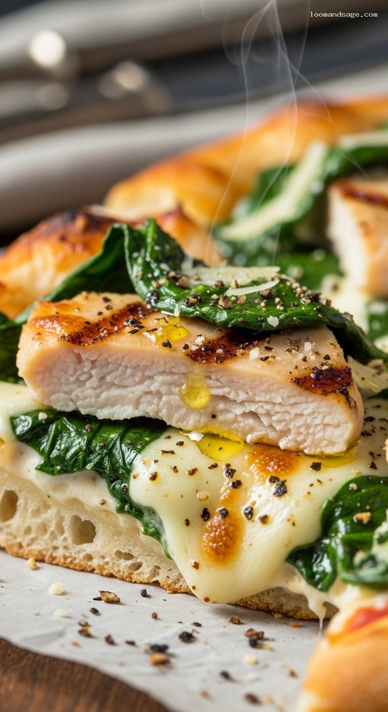 Chicken Alfredo Pizza with Spinach and Mozzarella – Closeup