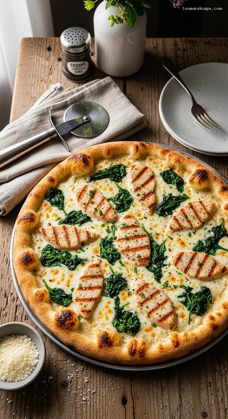 Chicken Alfredo Pizza with Spinach and Mozzarella