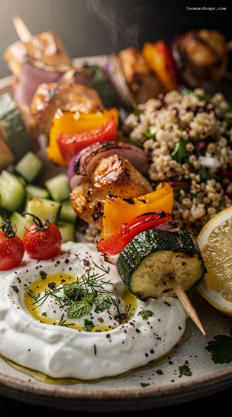 Chicken and Veggie Kebabs With Herby Yogurt Sauce – Closeup