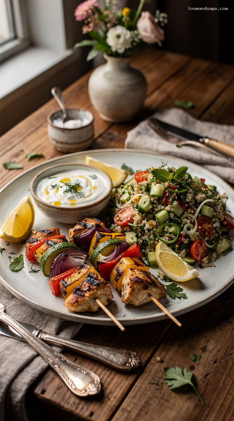 Chicken and Veggie Kebabs With Herby Yogurt Sauce