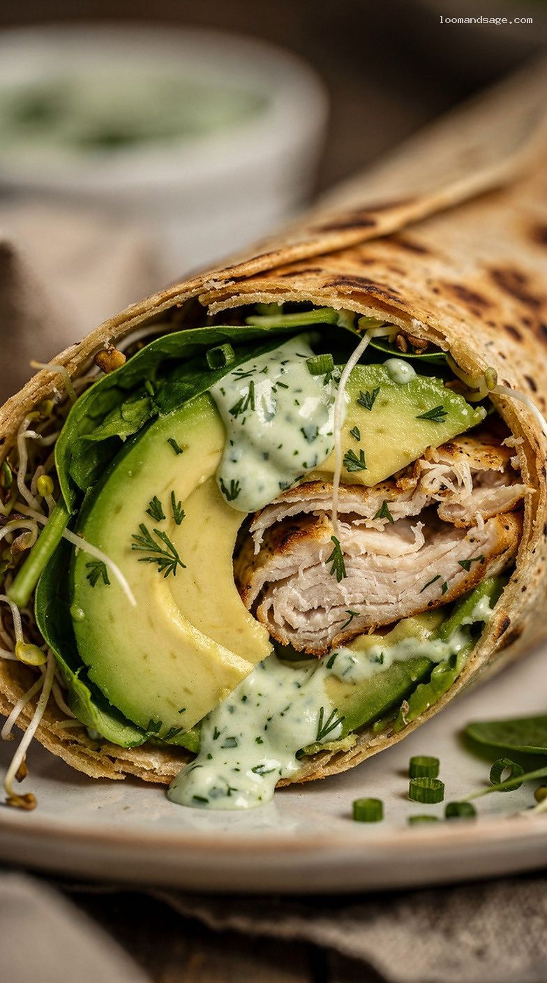 Chicken Avocado Green Goddess Wrap with Yogurt Herb Dressing – Closeup