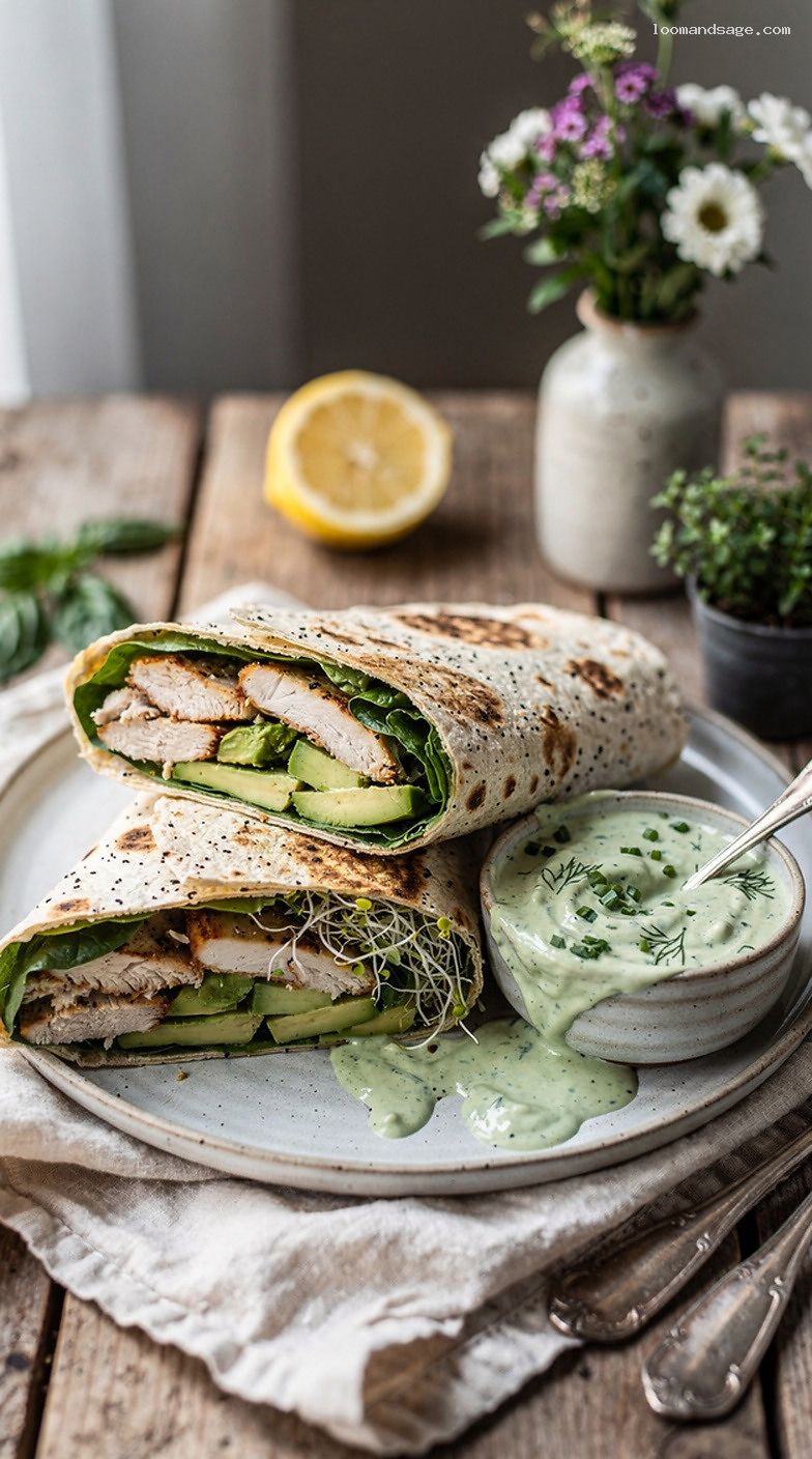 Chicken Avocado Green Goddess Wrap with Yogurt Herb Dressing